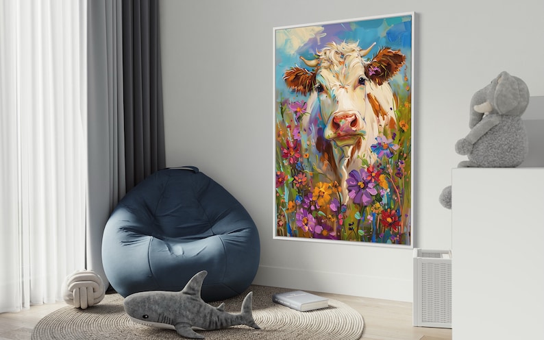 Whimsical Bovine Beauty - A lively painting of a cow among a splash of colourful wildflowers, rendered in a playful, impressionistic style.