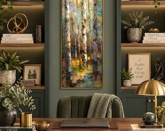 Sunlit Birch Forest - Calming Vertical Wall Art Print, Expressionism Long Narrow Decor