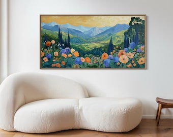 Cuadro decorativo de paisaje montañoso colorido: arte de campo de flores silvestres, lámina de pintura de naturaleza vibrante, decoración floral de ensueño.