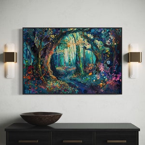The enchanting woodland scene, ablaze with vibrant, whimsical colours, invites viewers into a magical forest where flora and fantasy intertwine.