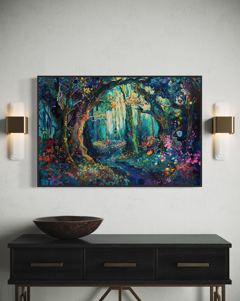 The enchanting woodland scene, ablaze with vibrant, whimsical colours, invites viewers into a magical forest where flora and fantasy intertwine.
