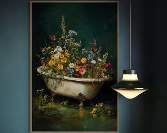 Whimsical Floral Bathtub Art Print – Vintage Tub With Wildflowers, Cottagecore Botanical Wall Art, Garden-Inspired Bathroom Decor