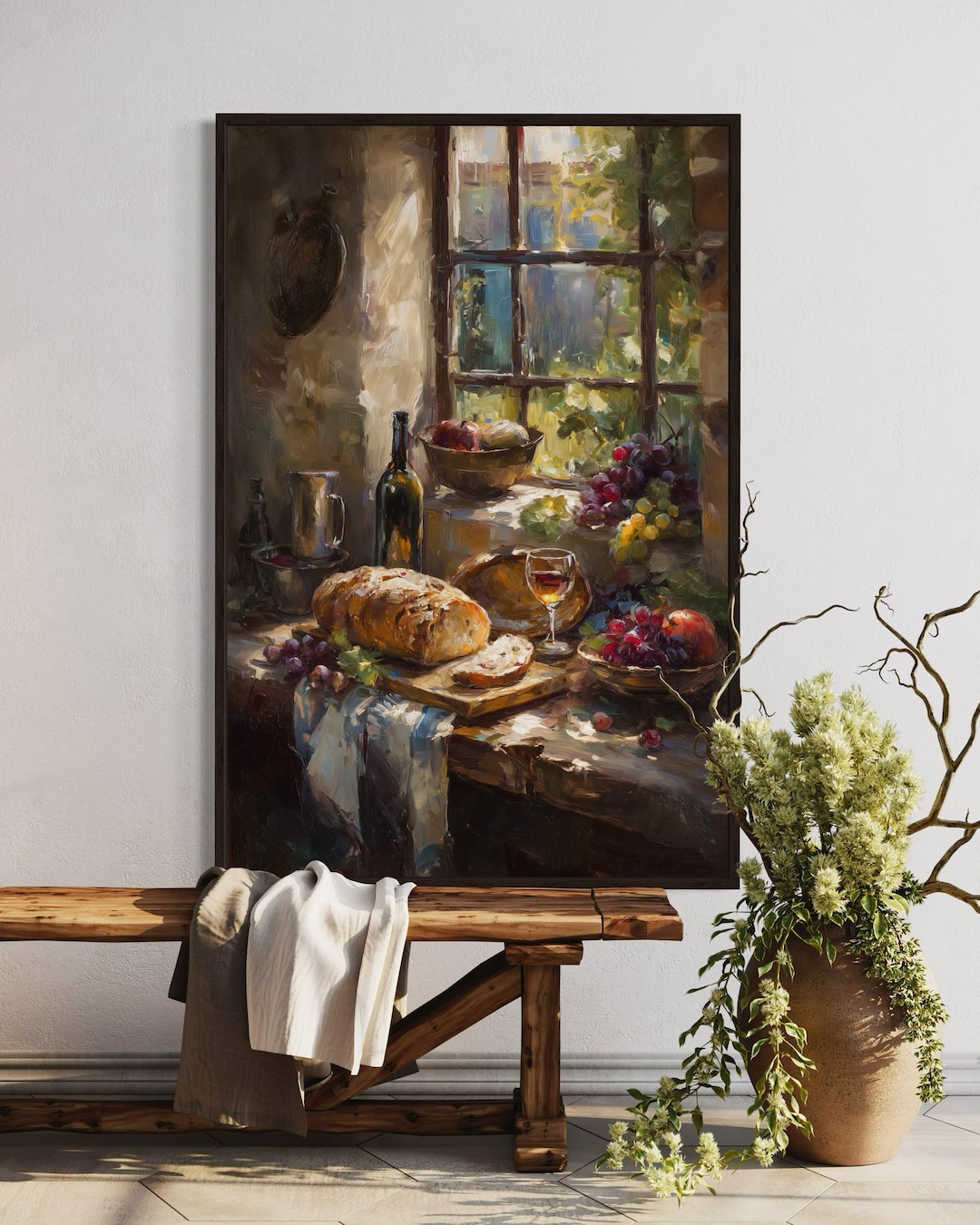 rustic cozy kitchen art prints under $7 shipped |... Rustic Kitchen Still Life Print – Bread and Wine Art, Farmhouse Dining ...