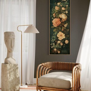 Adorn your space with this elegant vintage-style floral tapestry featuring soft, blooming roses and delicate leaves against a dark, textured background. A timeless addition to bring a touch of classic beauty to any room.