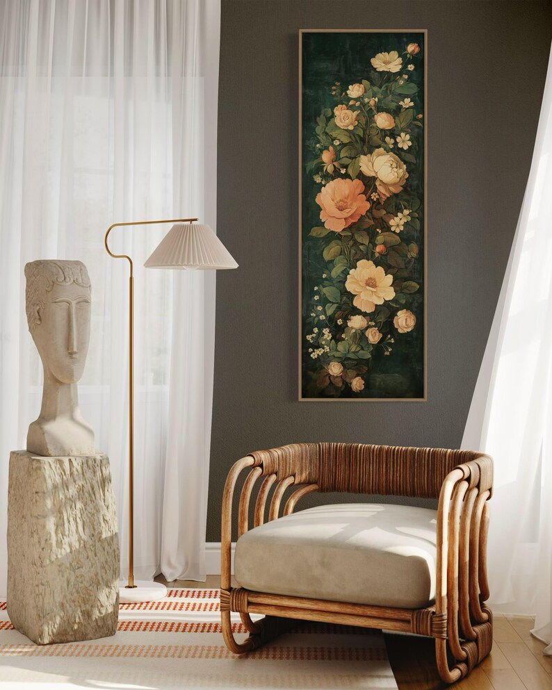 Adorn your space with this elegant vintage-style floral tapestry featuring soft, blooming roses and delicate leaves against a dark, textured background. A timeless addition to bring a touch of classic beauty to any room.
