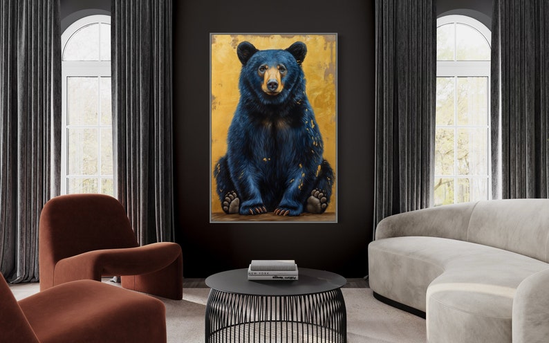 Realistic painting of a blue-black bear with golden accents. The bear sits against a textured golden background, combining natural beauty with artistic flair. Perfect for adding a unique touch of wilderness charm to any space.