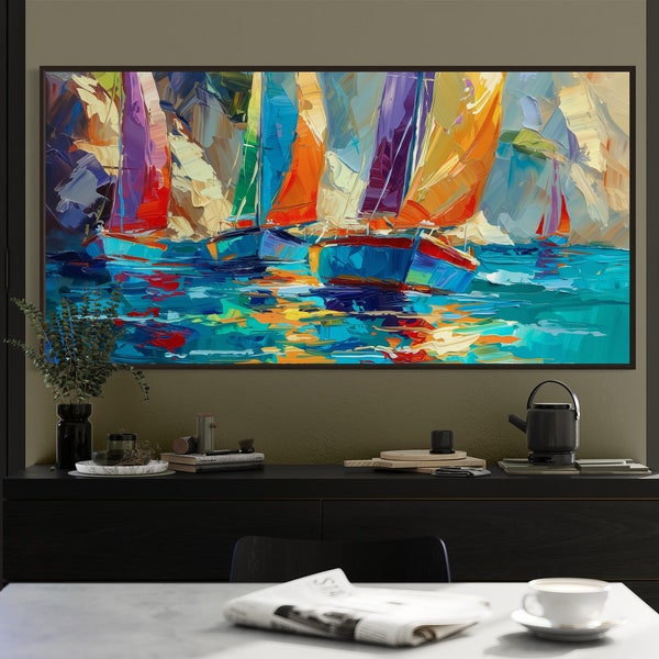 Regatta Expressionist Marine Decor with Yachts and Water Reflections,  Bright Italian Seascape Impressionism, Large Impasto Yachting Artwork
