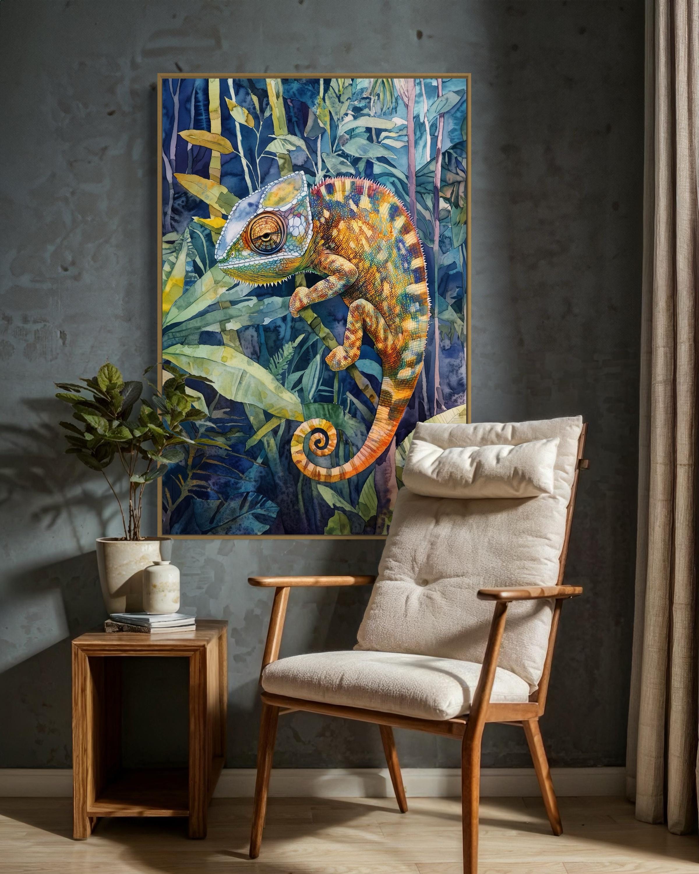 カラフルなカメレオンの水彩画風プリント – ジャングルの壁アート