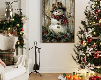 Rustic Snowman Wall Art - Vintage Christmas Canvas with Holly and Plaid Scarf, Cozy Holiday Decor for Farmhouse or Cabin Charm