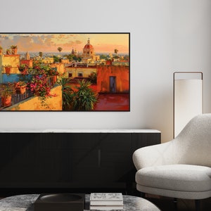 This colorful painting shows a Mexican city at sunset with terracotta rooftops, blooming bougainvillea, and church domes. The warm hues and intricate details evoke the charm and beauty of a picturesque Mexican town, perfect for cultural decor.