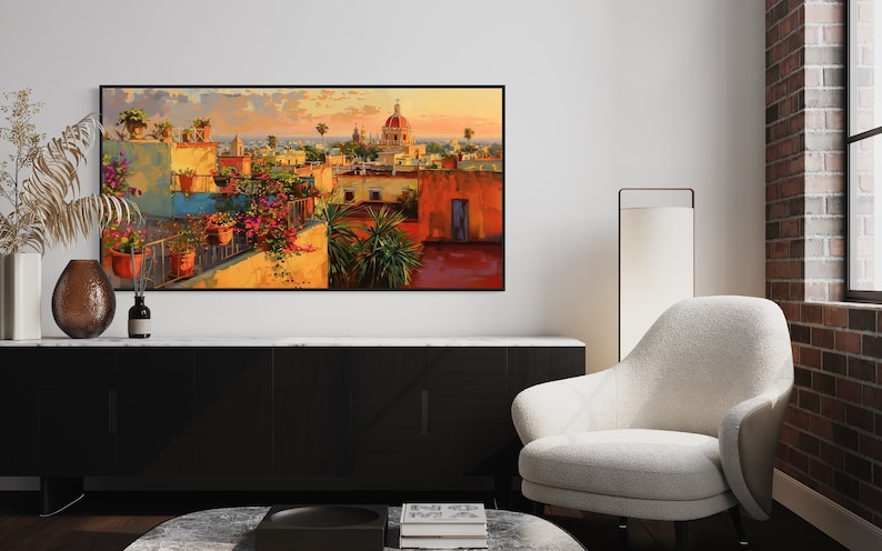 This colorful painting shows a Mexican city at sunset with terracotta rooftops, blooming bougainvillea, and church domes. The warm hues and intricate details evoke the charm and beauty of a picturesque Mexican town, perfect for cultural decor.
