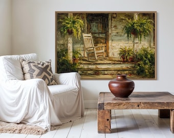 Rustic Porch Art Print – Vintage Rocking Chair Country Decor, Southern Farmhouse Wall Art, Cozy Weathered Front Porch Canvas Print