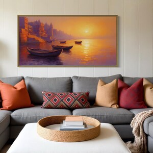This breathtaking canvas print captures the beauty of the Ganges River at sunrise. The golden light reflects off the calm water, creating a peaceful and spiritual scene. This artwork brings a sense of tranquility and cultural richness to any space.