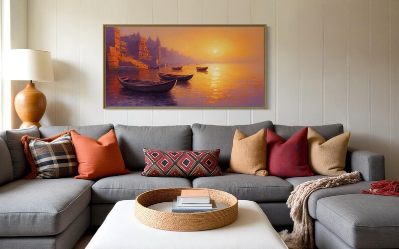 This breathtaking canvas print captures the beauty of the Ganges River at sunrise. The golden light reflects off the calm water, creating a peaceful and spiritual scene. This artwork brings a sense of tranquility and cultural richness to any space.