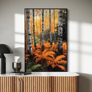 Autumn Birch Forest Canvas – Fall Nature Art, Golden Leaves Print, Rustic Woodland Decor, Cozy Wall Art for Home or Cabin