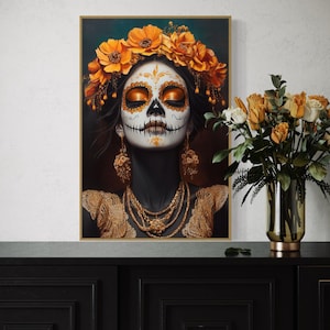 Day of the Dead Wall Art – Sugar Skull Woman Print, Dia de los Muertos Decor, Marigold Floral Crown Wall Art, Mexican Heritage Artwork