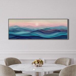 Stylized waves in soothing dusk hues, where serene blues meld into soft pinks, encapsulating the peaceful embrace of the evening by the sea.