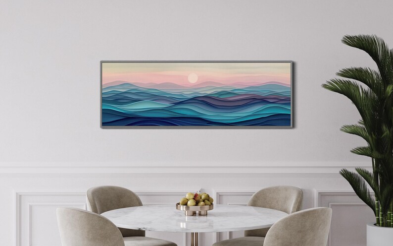 Stylized waves in soothing dusk hues, where serene blues meld into soft pinks, encapsulating the peaceful embrace of the evening by the sea.