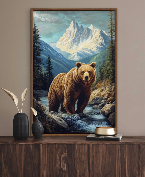 Bear in Mountain Stream Art Print - Rustic Wildlife Wall Decor