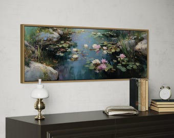 Water Lily Pond Art Print – Serene Floral Landscape Wall Art, Monet Style Lake Painting, Botanical Nature Decor