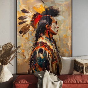 This striking portrait captures a Native American in profile, adorned with a vibrant feather headdress. The dynamic brushstrokes and bold colors evoke a sense of strength and spirit.