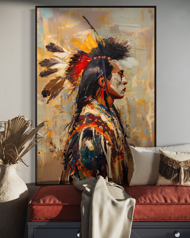 This striking portrait captures a Native American in profile, adorned with a vibrant feather headdress. The dynamic brushstrokes and bold colors evoke a sense of strength and spirit.