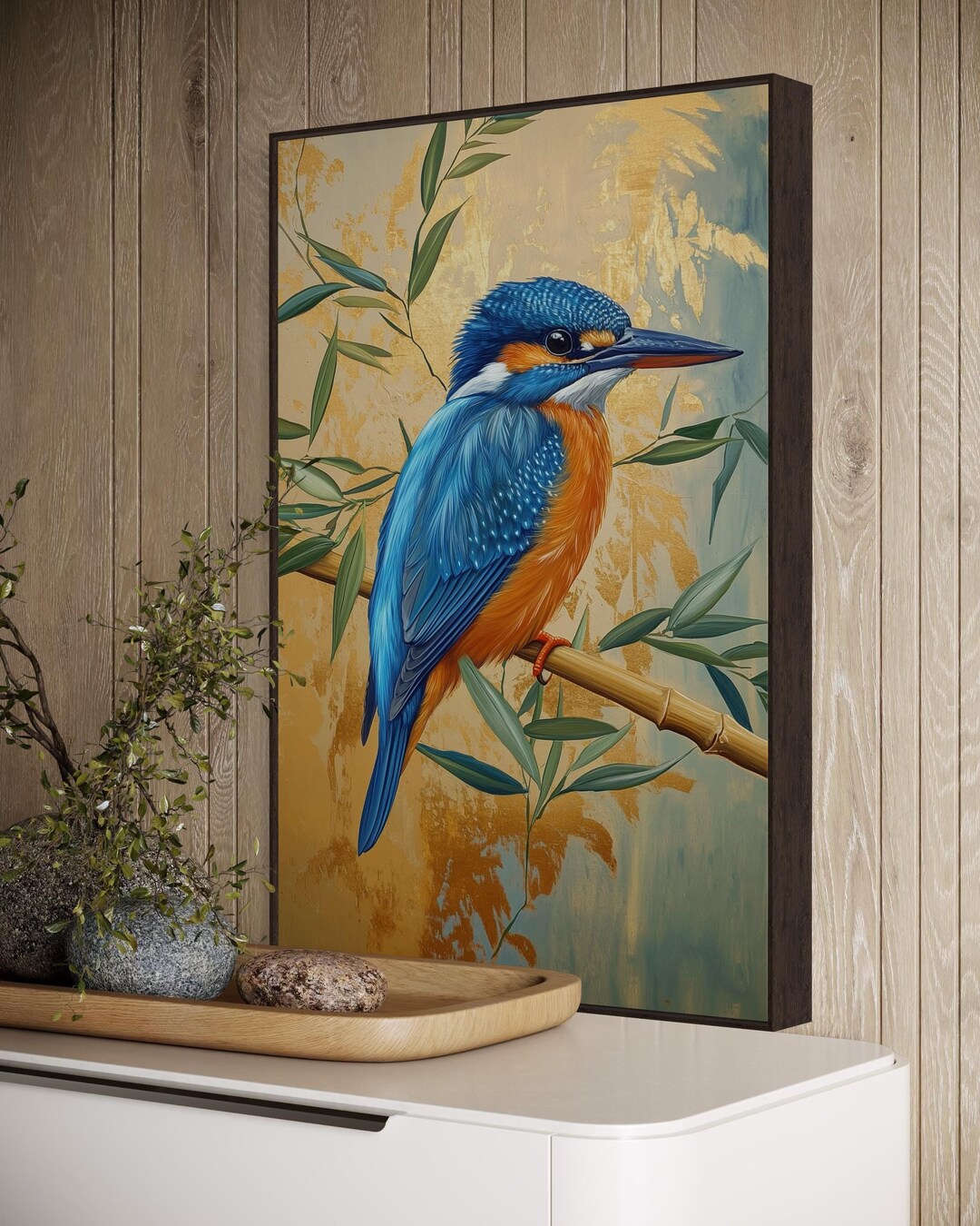 Kingfisher Wall Art - Vibrant Bird Canvas Print, Gold and Teal Bamboo ...