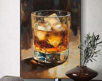 Golden Whiskey Glass Canvas – Elegant Bourbon Wall Art, Vintage Bar Decor, Sophisticated Lounge Print for Home or Office