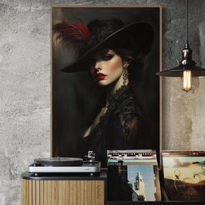 Elegante Femme Fatale Leinwand - Vintage Noir Portrait Druck, Gothic Glamour Wandkunst, dramatische Dekoration für Wohnzimmer oder über dem Bett