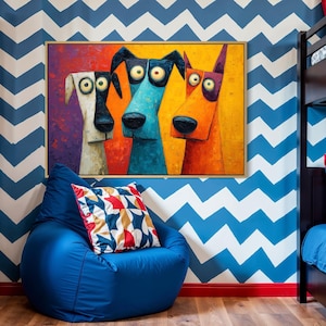 Colorful modern dog art print featuring three quirky cartoon-style dogs with big round eyes and long snouts. Vibrant palette of orange, teal, yellow, purple, and cream creates a fun pop-art look. A playful wall decor piece perfect for kids’ rooms, dog lovers, funky living rooms, vet offices, or eclectic gallery walls. (Print only, no texture.)