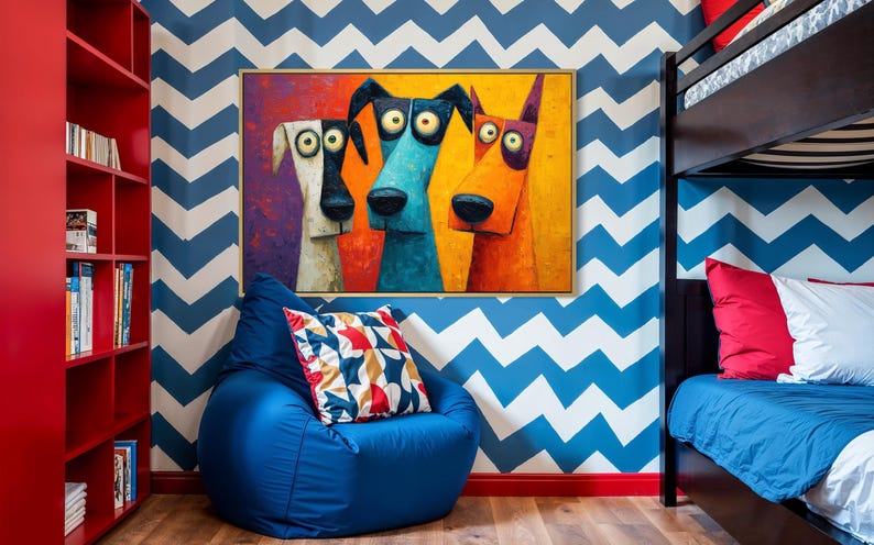 Colorful modern dog art print featuring three quirky cartoon-style dogs with big round eyes and long snouts. Vibrant palette of orange, teal, yellow, purple, and cream creates a fun pop-art look. A playful wall decor piece perfect for kids’ rooms, dog lovers, funky living rooms, vet offices, or eclectic gallery walls. (Print only, no texture.)
