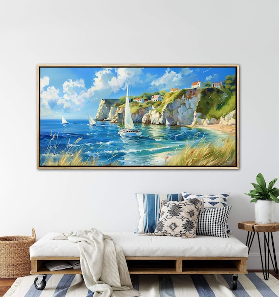 Rustic Breeze at Sea: Sailboat and Seaside Painting Print, Abstract Nautical Artwork for Coastal Decor or a Hallway Wall Art