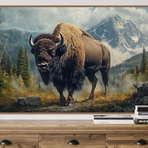 Majestätische Bison-Wandkunst - Rustikale Bergleinwand, von Wildtieren inspiriertes Dekor, ruhige Landschaft für Wohnzimmer oder Kabine über dem Bett-Dekor