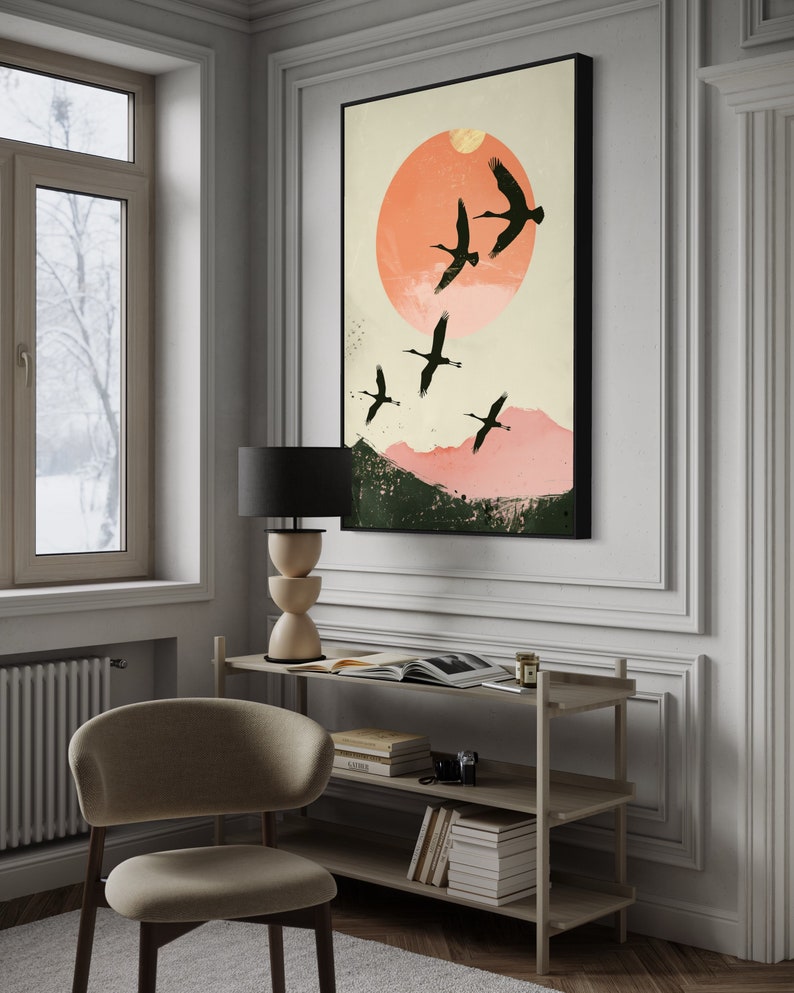 Silhouettes in Flight: A serene composition featuring cranes soaring across a textured pink sunset, their graceful forms framed against a full moon.