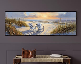 Rust aan zee: panoramisch strand schilderij print - panoramisch landschap voor strandhuisje decor en rustieke kustelegantie
