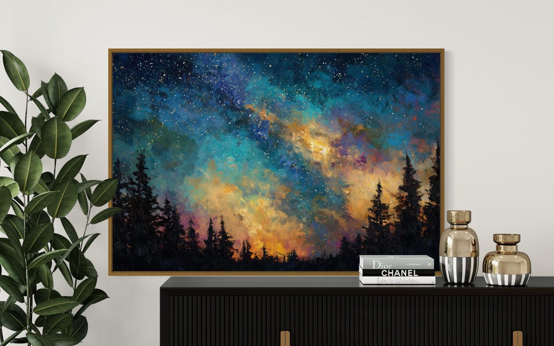 Milky Way Galaxy Night Sky Art Print – Celestial Forest Landscape Wall ...