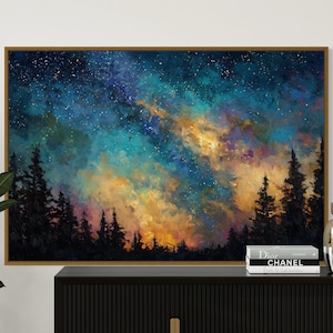 Milky Way Galaxy Night Sky Art Print – Celestial Forest Landscape Wall Decor, Cosmic Starscape Painting for Bedroom or Living Room