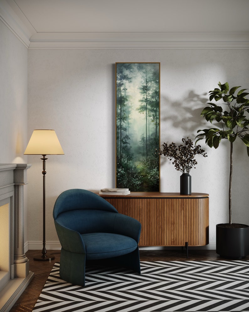 This serene painting depicts a misty forest with tall trees and delicate wildflowers. The soft, muted colors and ethereal atmosphere create a sense of tranquility, perfect for adding a touch of nature and calm to any space.