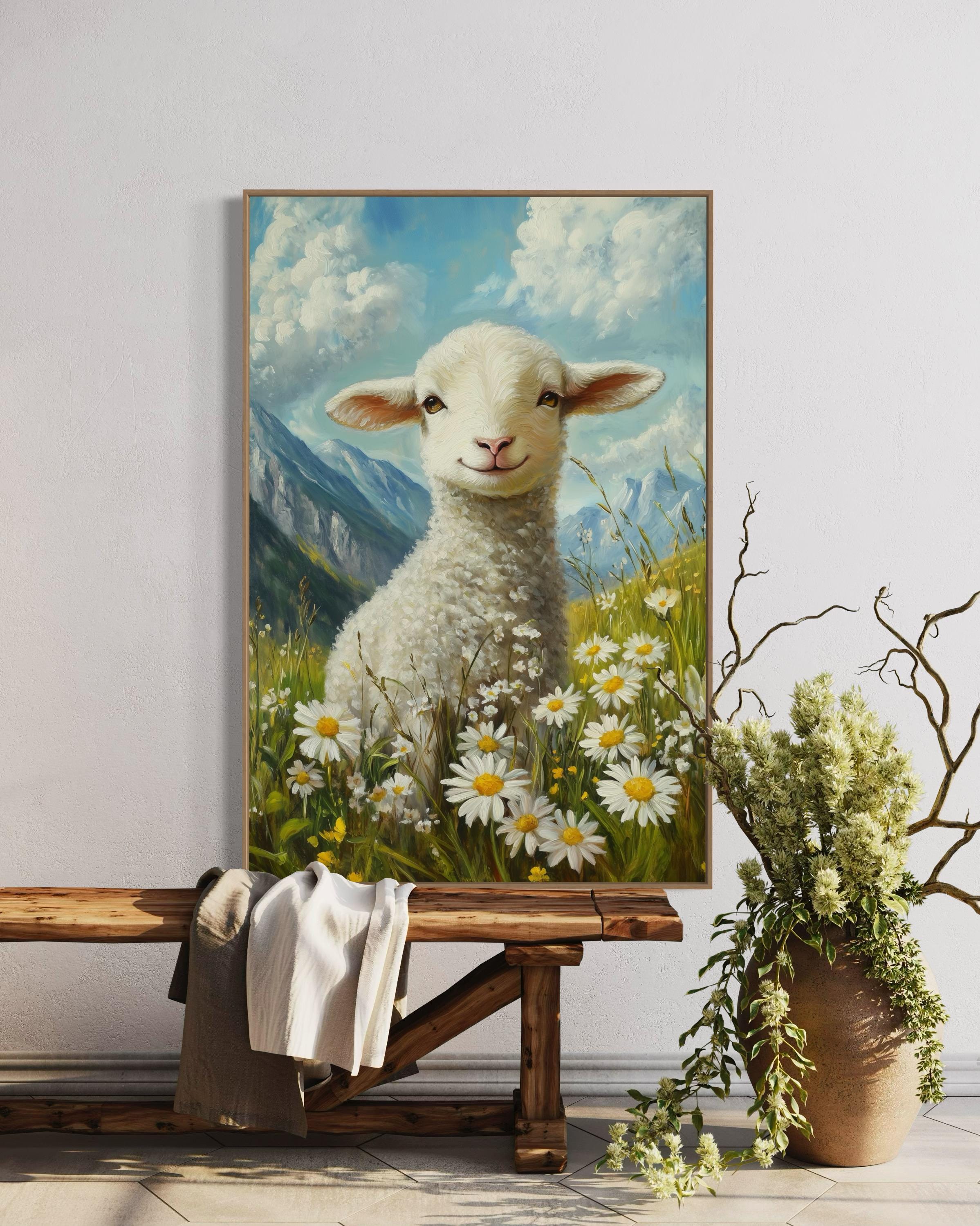 Lamb Wall Art - Whimsical Farm Animal Print, Daisy Meadow Artwork