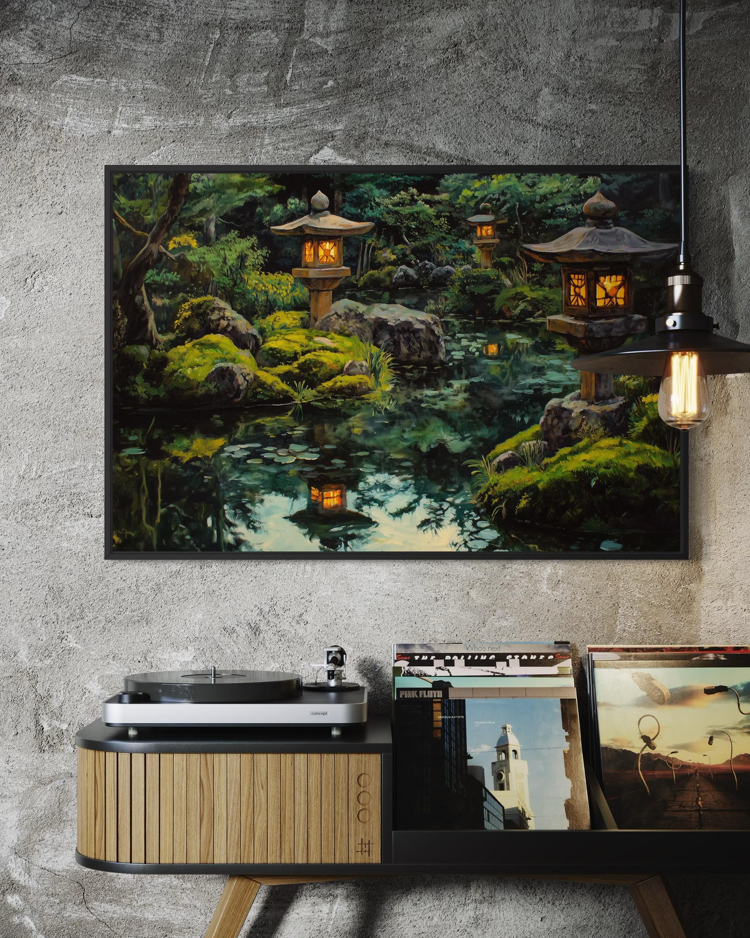 Japanese Garden Art Print – Zen Lantern Wall Art, Tranquil Pond