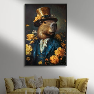 An elegantly attired capybara in a top hat graces this portrait, surrounded by a vibrant bloom of golden flowers, emanating sophistication and charm.