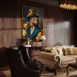 An elegantly attired capybara in a top hat graces this portrait, surrounded by a vibrant bloom of golden flowers, emanating sophistication and charm.