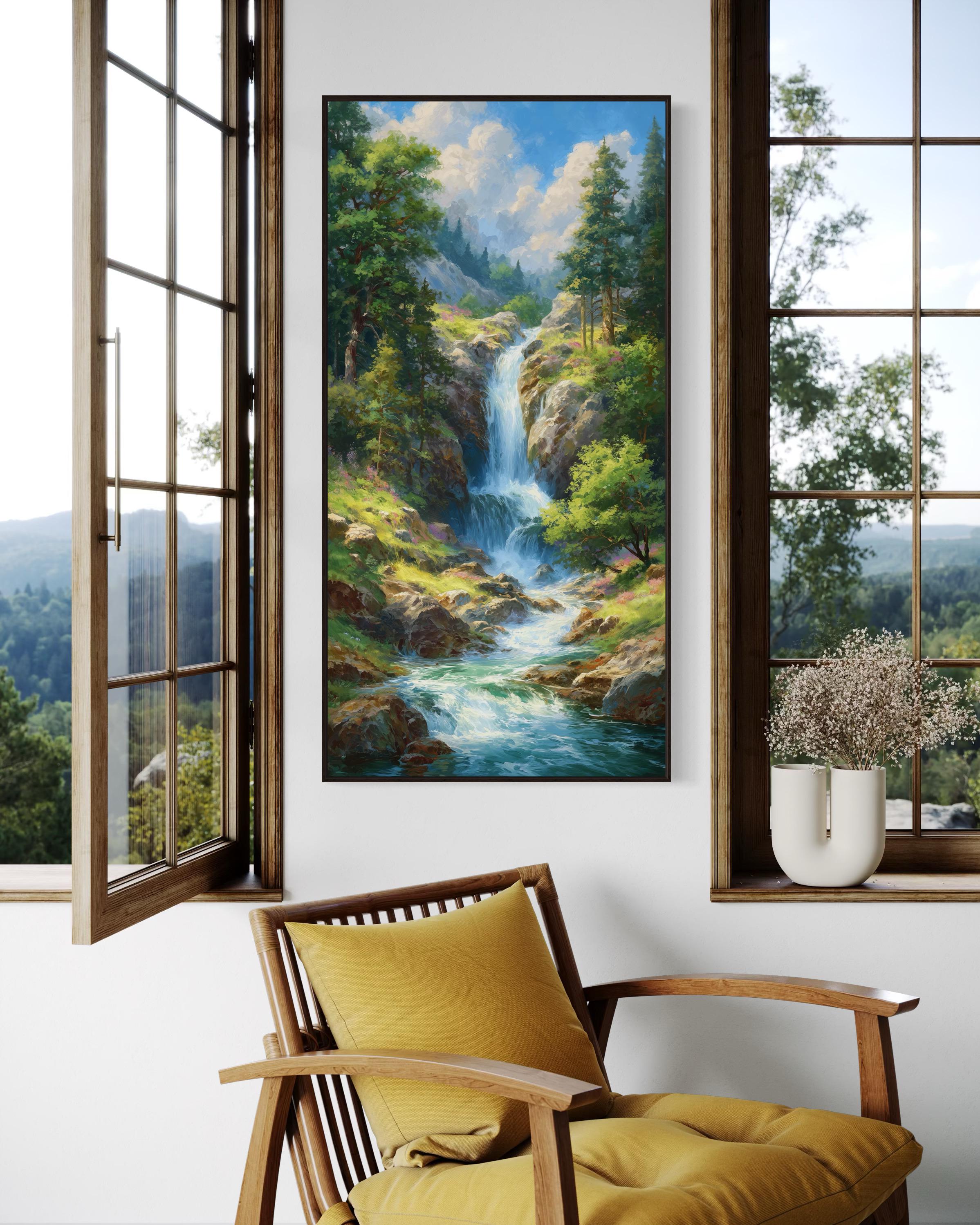 Mountain Waterfall Art Print – Scenic Nature Wall Art, Lush Forest