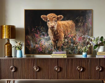 Highland Cow Calf Wall Art Print - Rustic Farmhouse Animal & Wildflower Pasture Canvas, Nursery Decor