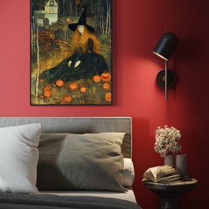 Captivating artwork of a witch in a mystical forest, surrounded by glowing pumpkins and an enchanted cottage, evoking a spellbinding Halloween night.