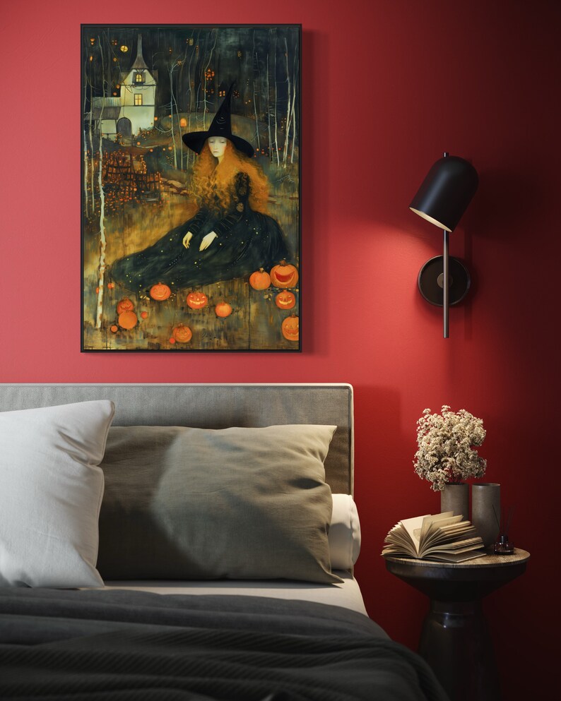 Captivating artwork of a witch in a mystical forest, surrounded by glowing pumpkins and an enchanted cottage, evoking a spellbinding Halloween night.