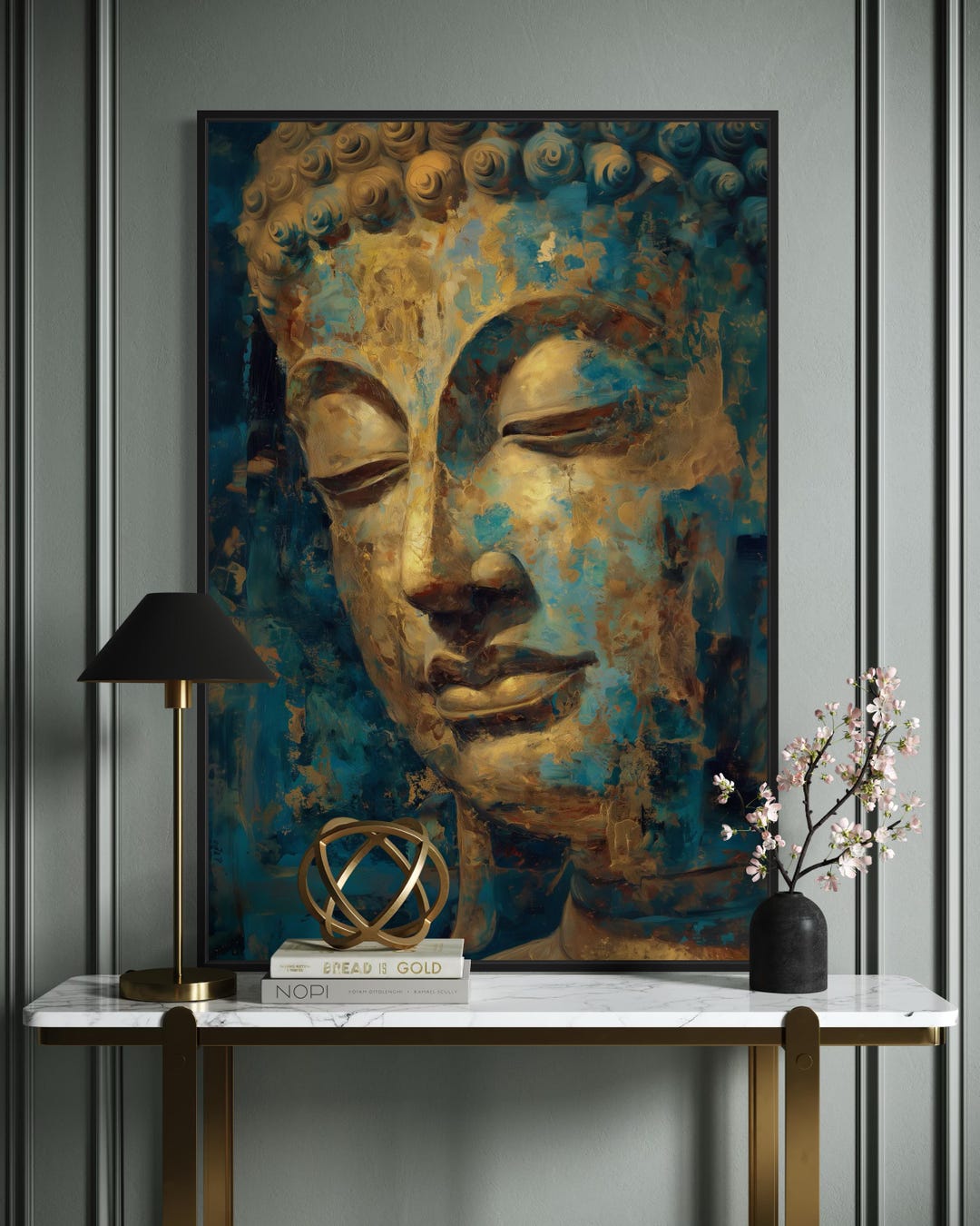 Buddha Face Wall Art – Gold and Teal Zen Print for Meditation and ...