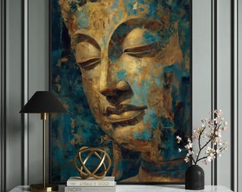 Quadro decorativo com o rosto de Buda – Impressão Zen em tons de dourado e azul-petróleo para meditação e atenção plena.