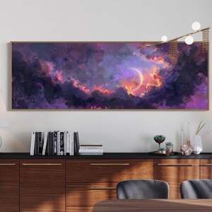Dive into the ethereal beauty of a crescent moon cradled by vivid clouds in a surreal dreamscape. This stunning painting captures the enchanting dance of light and color, perfect for bringing a touch of wonder to any space.