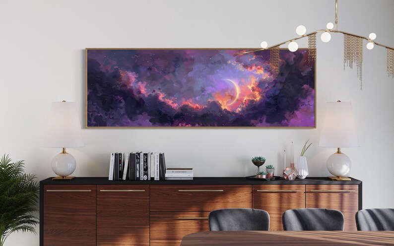 Dive into the ethereal beauty of a crescent moon cradled by vivid clouds in a surreal dreamscape. This stunning painting captures the enchanting dance of light and color, perfect for bringing a touch of wonder to any space.